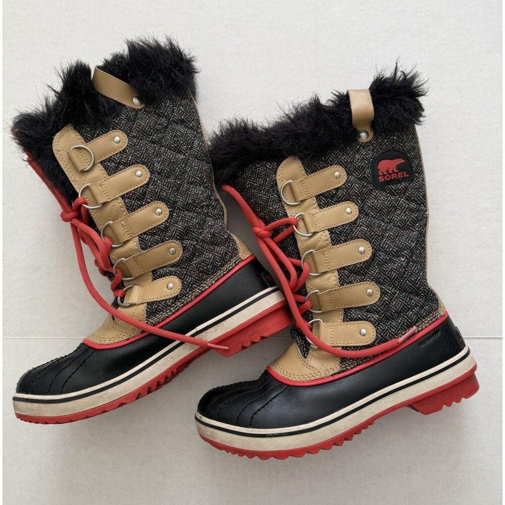 Sorel Women's Tofino Boots Waterproof Winter Boots 6.5 Black Tan Herringbone
